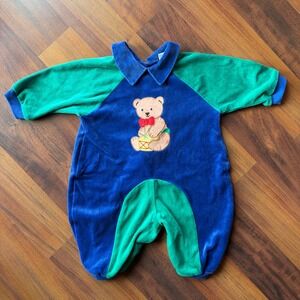 Nannette Baby Boy Velour Romper Blue Green Teddy Bear Red Bow Snap Crotch 6-9M